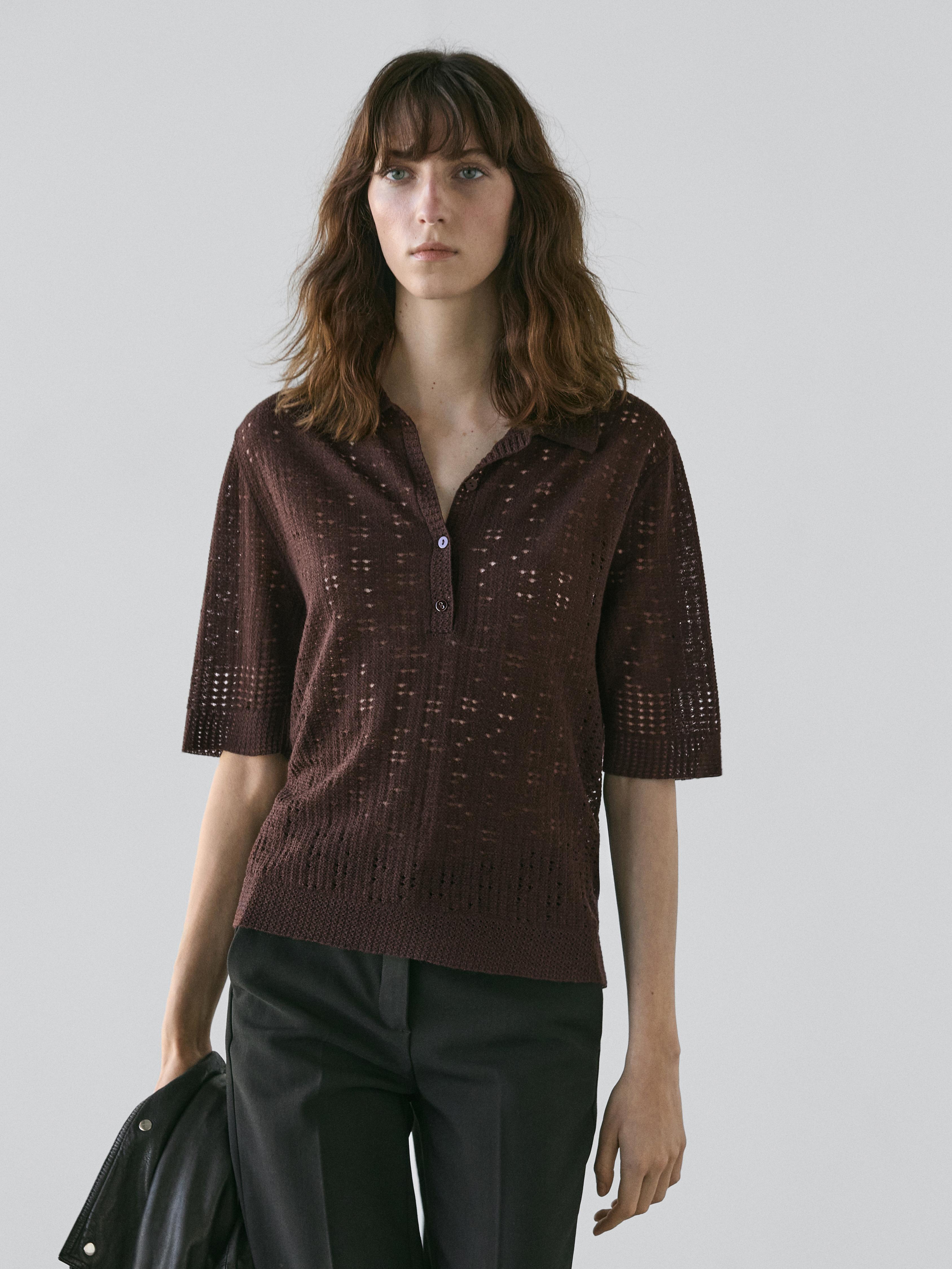 Short sleeve wool blend knit polo shirt